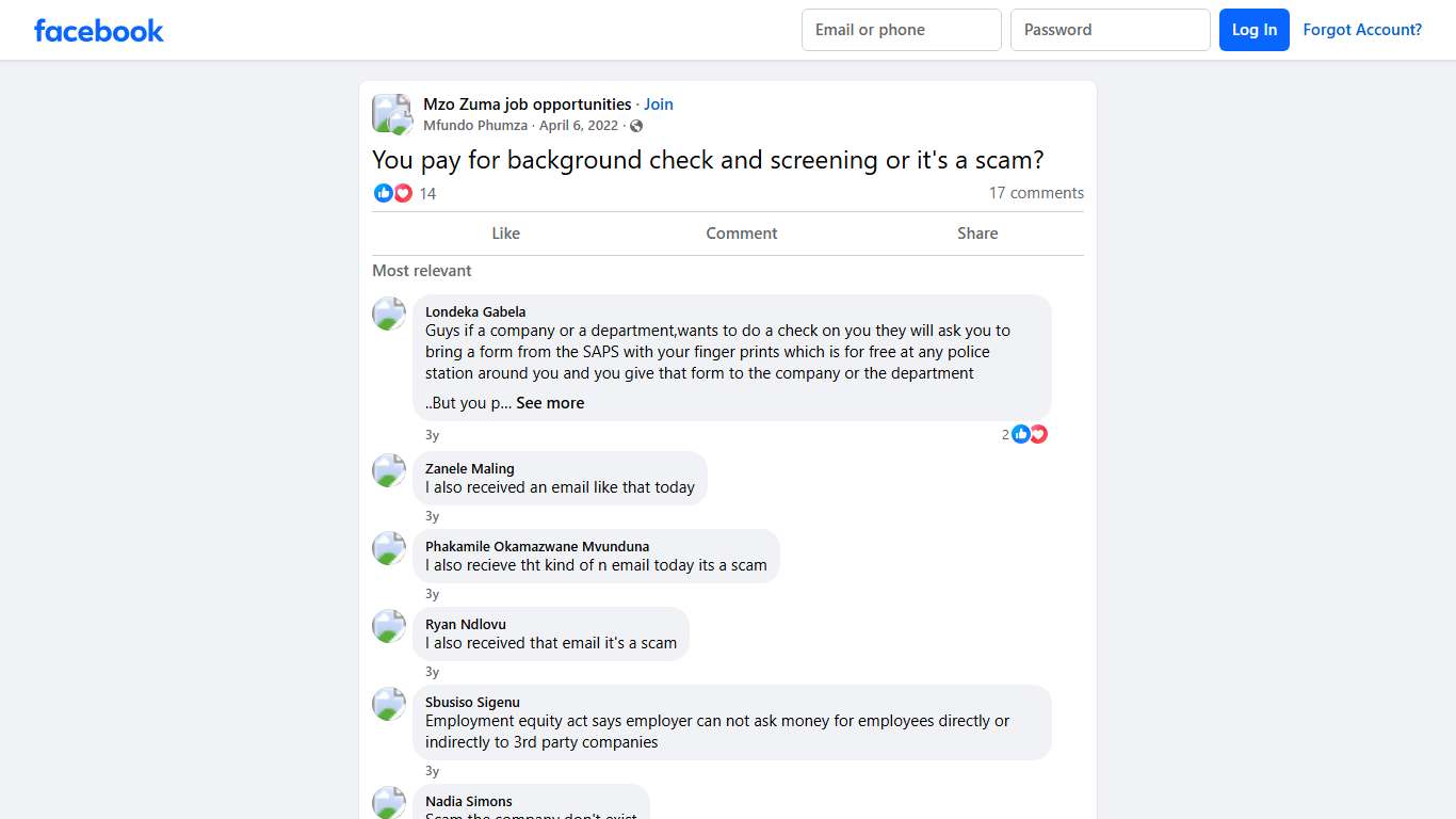 Mzo Zuma job opportunities | You pay for background check and screening or it's a scam | Facebook